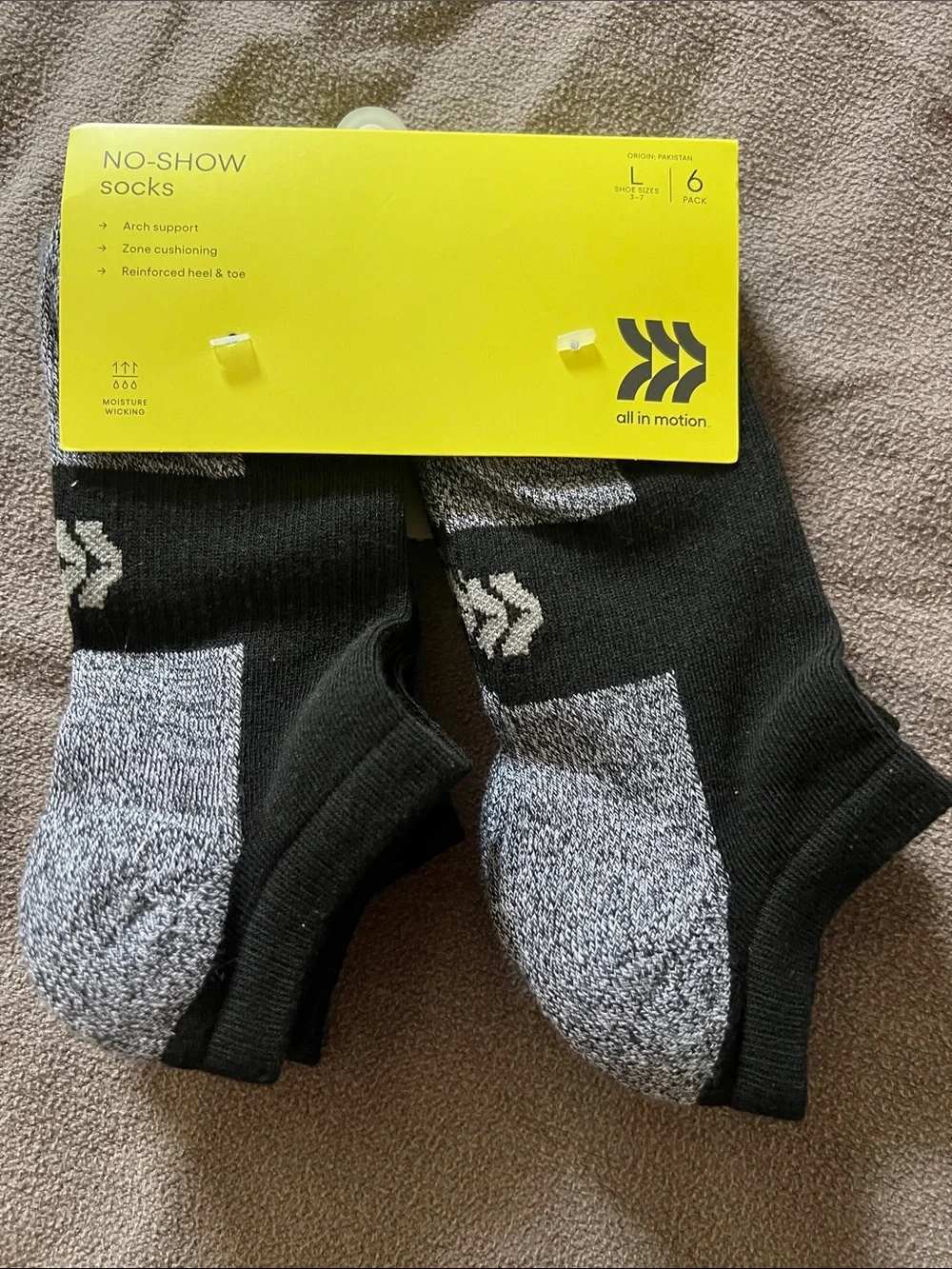 NWT all in motion Black & Gray No-Show Athletic Socks - 6 Pack Size Large